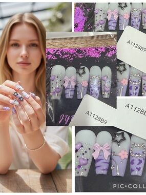Kawaii Lavender 3D Press-On Nails – Rhinestone, Bow, Heart Design Size M